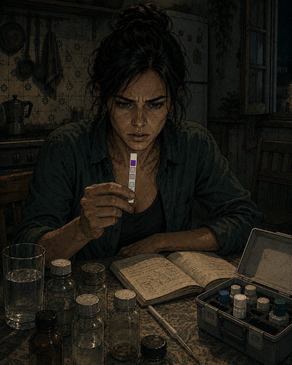 Sofía analiza una tira reactiva en la cocina de noche