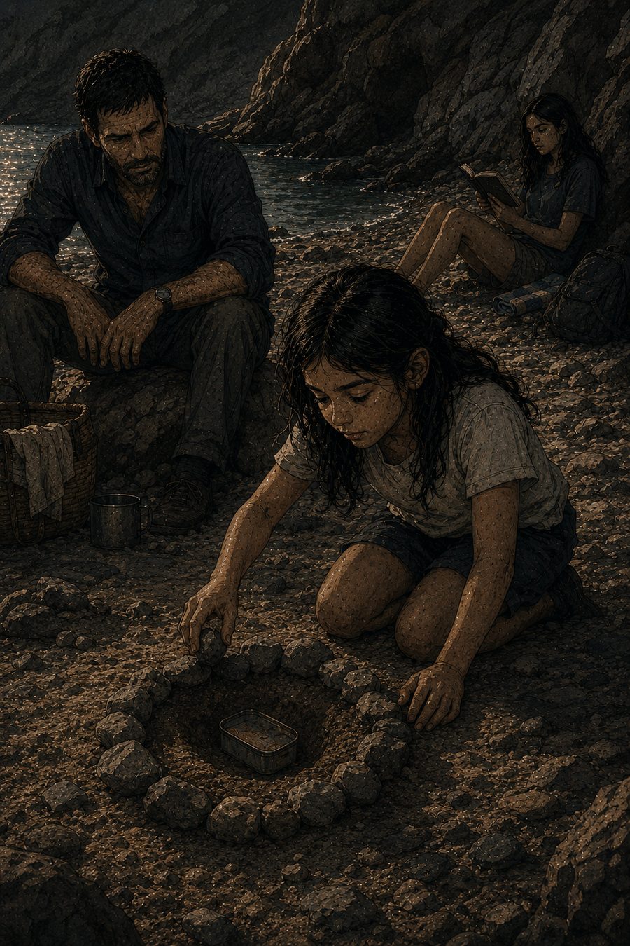 Cala: niña junto a un círculo de piedras; un hombre observa