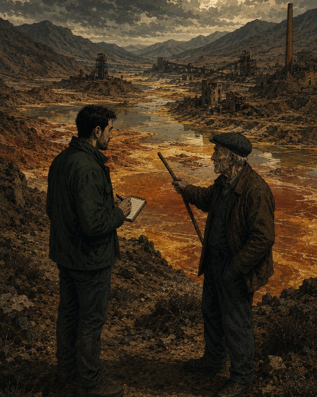 Julián interroga a un testigo en el paisaje minero